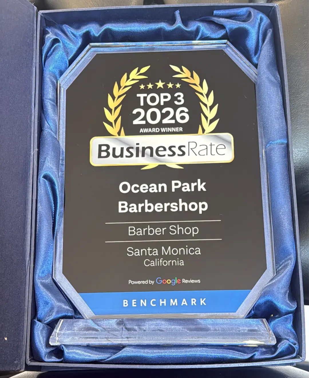 2026 BusinessRate Top 3 award crystal in its presentation box