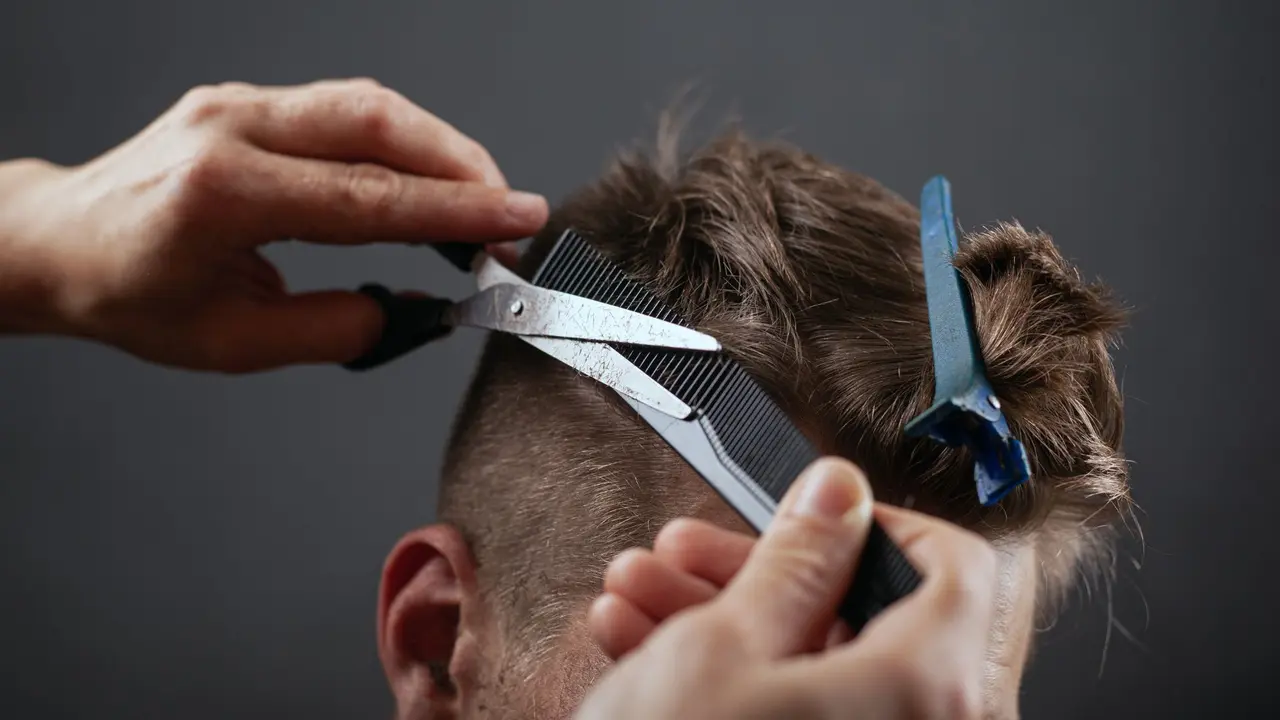 Barber cutting hair scissor over comb for a classic haircut