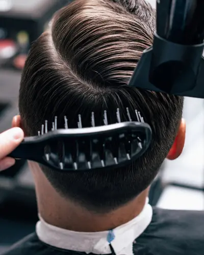 Barber brushing and blow-drying a finished side part